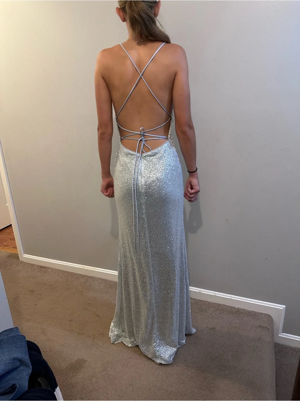 Betsy & Adam Silver Sequin Spaghetti Strap Prom Gown